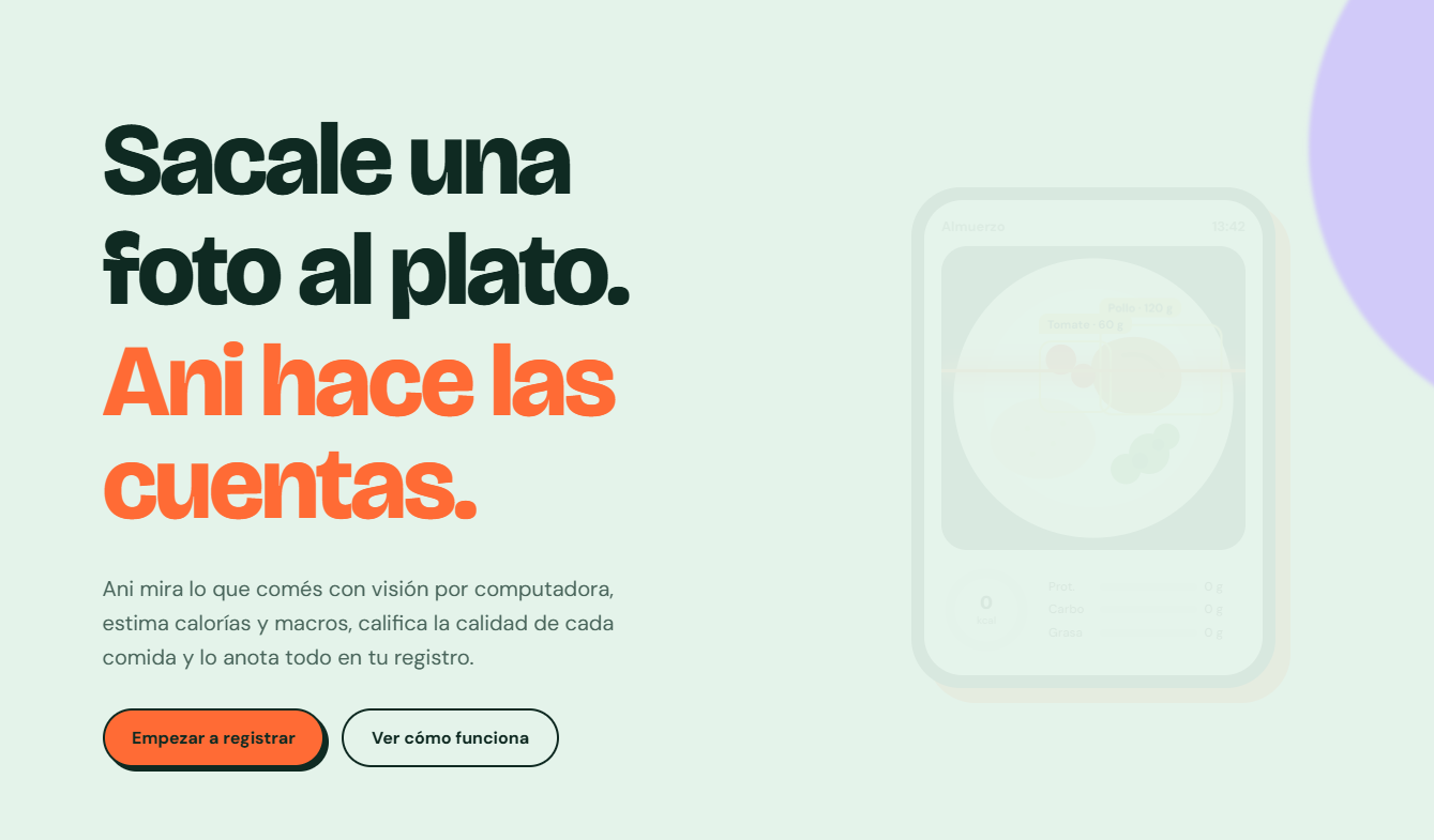 Pantalla de Ani, asistente de nutrición inteligente: sacale una foto al plato y Ani estima calorías y macros